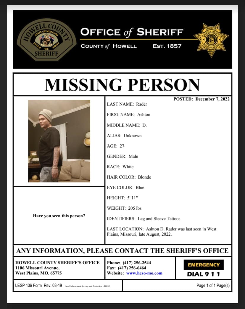 Missing Person Reported in Howell County Ashton Rader Ozark Radio News