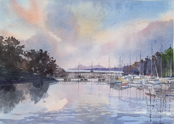 Lee Copen 2023 Morning on the Lake, watercolor 11x15